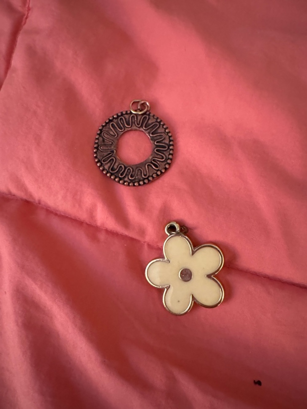 Cream Flower Pendant + Decorative Round Charm - Yellow & Bronze Tones